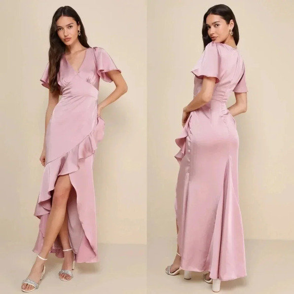 Lulus Eternal Bond Blush Satin Ruffled Flutter Sleeve Maxi Dress M Wedding Party - Picture 1 of 12